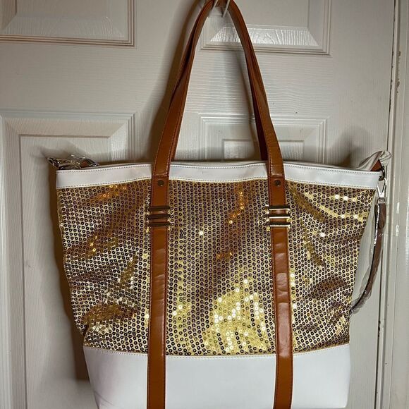 J Francis gold sequins with white and tan faux leather trims tote/shoulder bag. - Picture 3 of 10